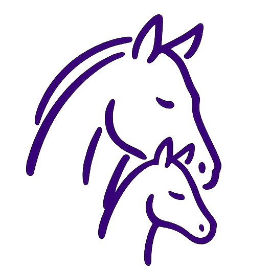 Purple line drawing of two horses on a white background